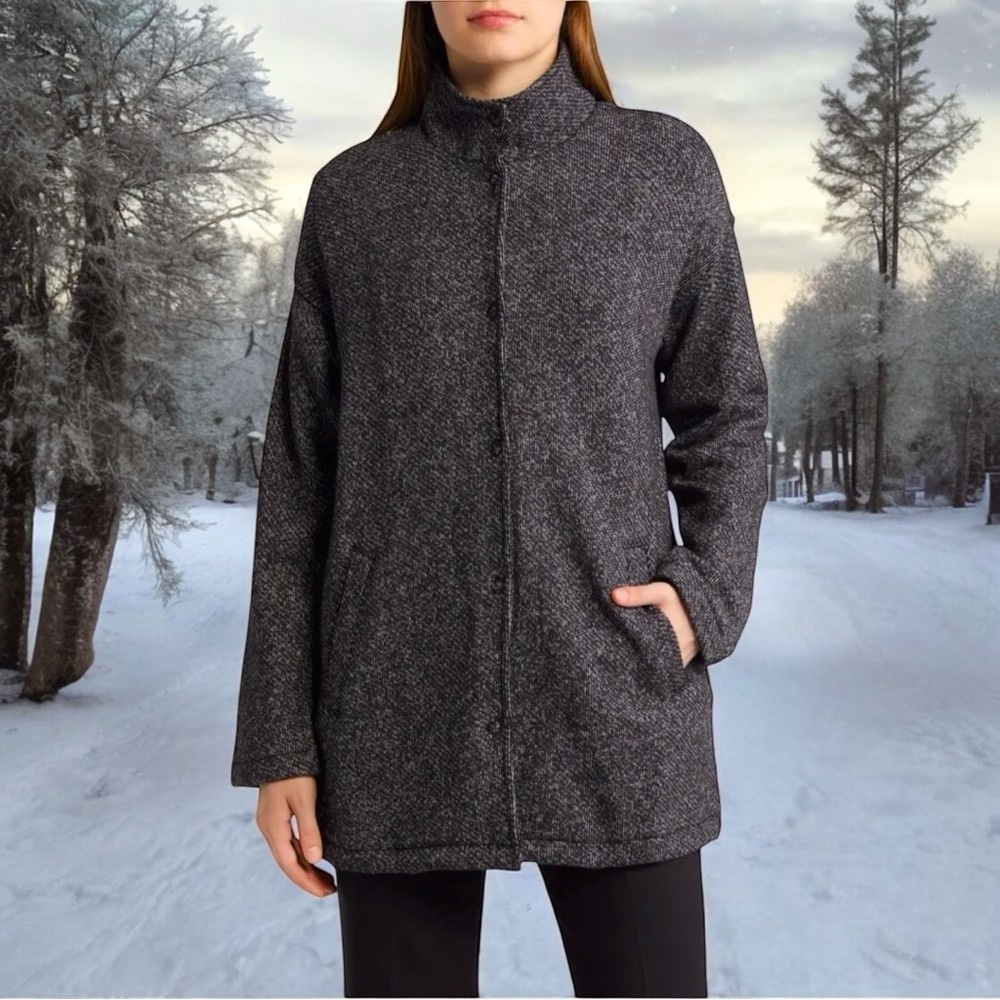 Eileen Fisher Snap Front Tweet Organic Cotton Jacket Long Sleeves Pockets‎